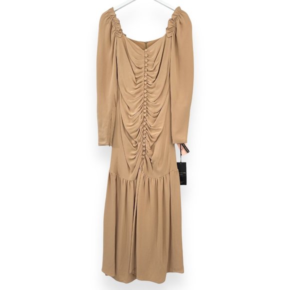 NWT Mother of Pearl Pippa Tan Brown Ruched Long Sleeve Crepe Maxi Dress sz 2-4 - Picture 1 of 6
